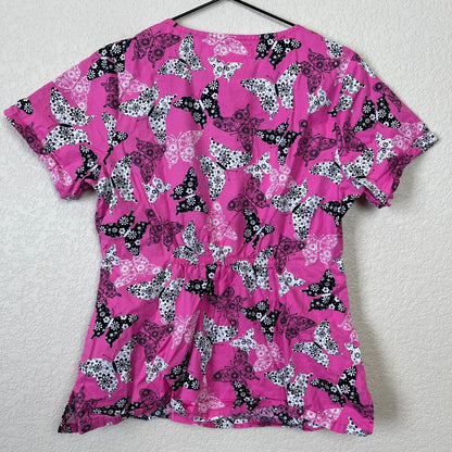 Cherokee Womens Sz S Short Sleeve Scrub Top Pink Butterfly Print