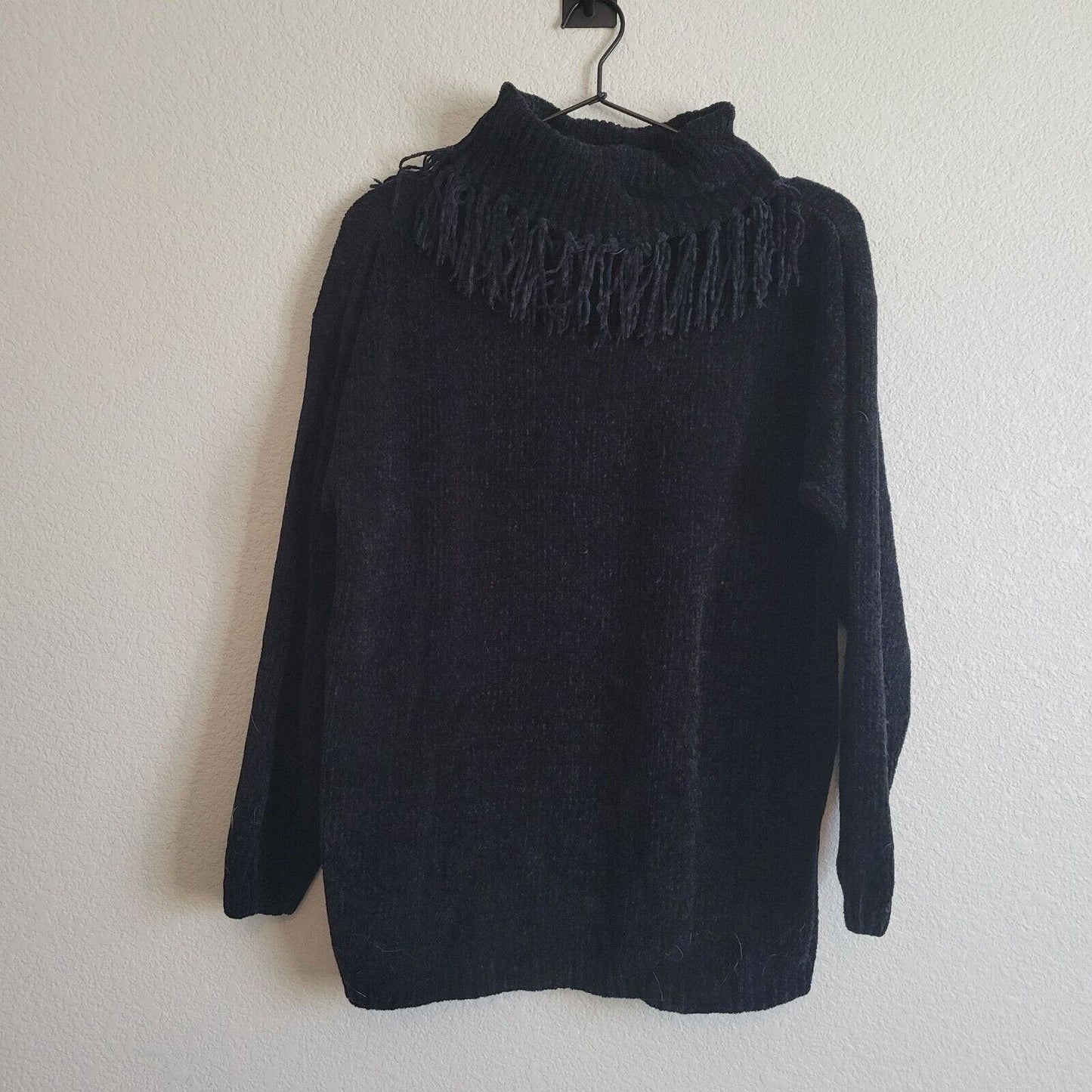 Yarnwork Petite PM Womens Cowl Neck Sweater Fringe Black Neckline