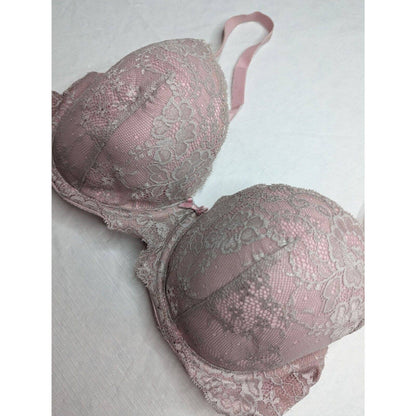 Victorias Secret Sz 34DD Dream Angels Lined Demi Bra Pink and Gray Lace