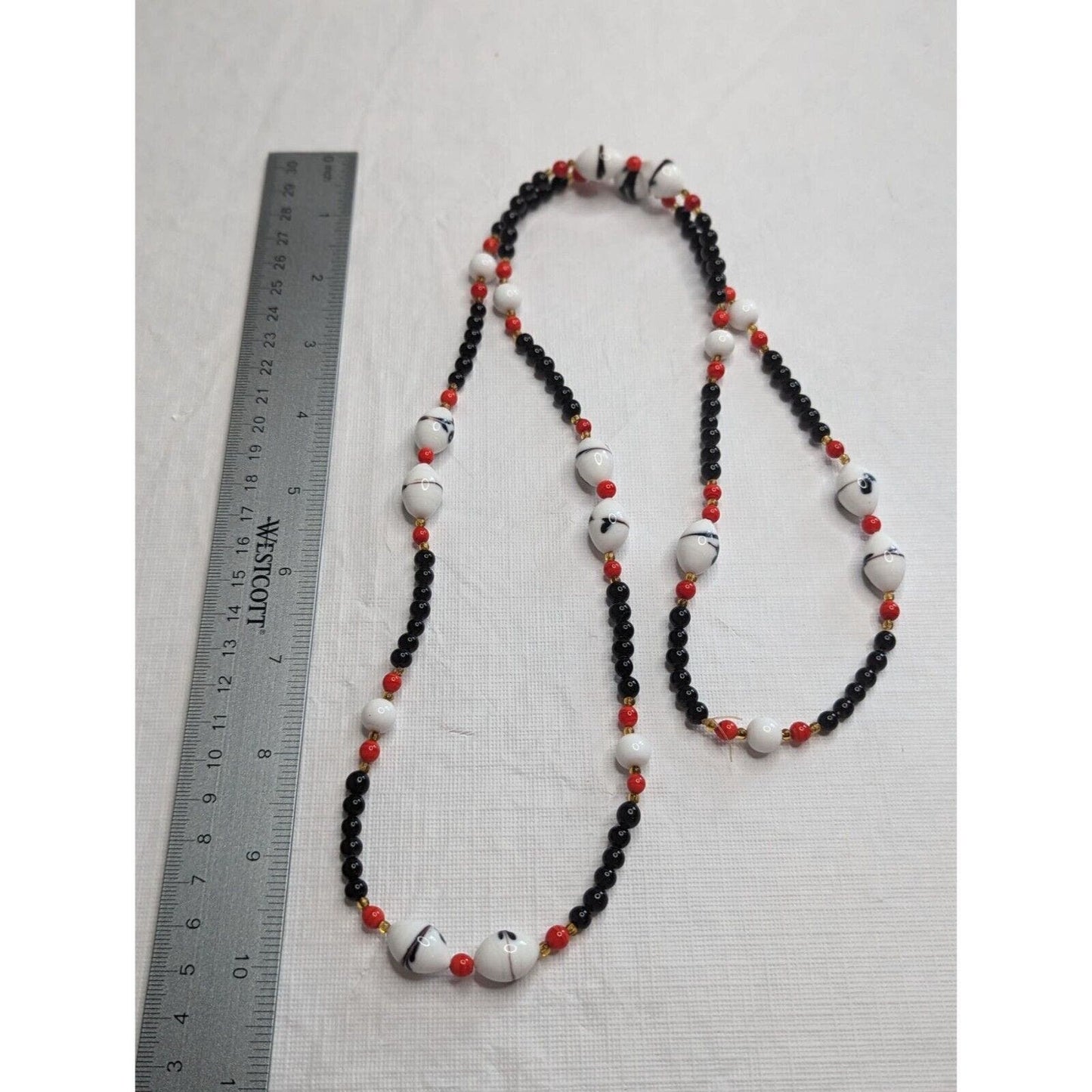 Vintage 1980s Glass Beaded Single Strand Necklace White Black Red