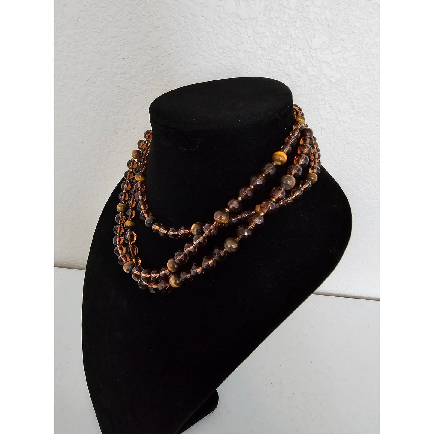 Vintage Mid Century 3 Strand Amber Glass Classic Necklace Tigers Eye Accent