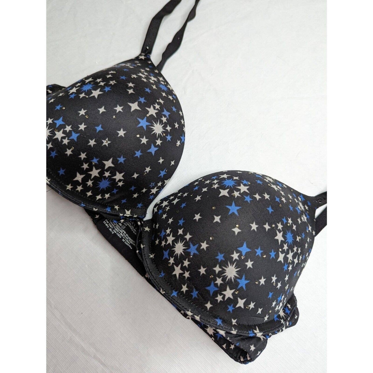 Victorias Secret Biofit Sz 34D Demi Uplift Bra Black Blue White Star Print