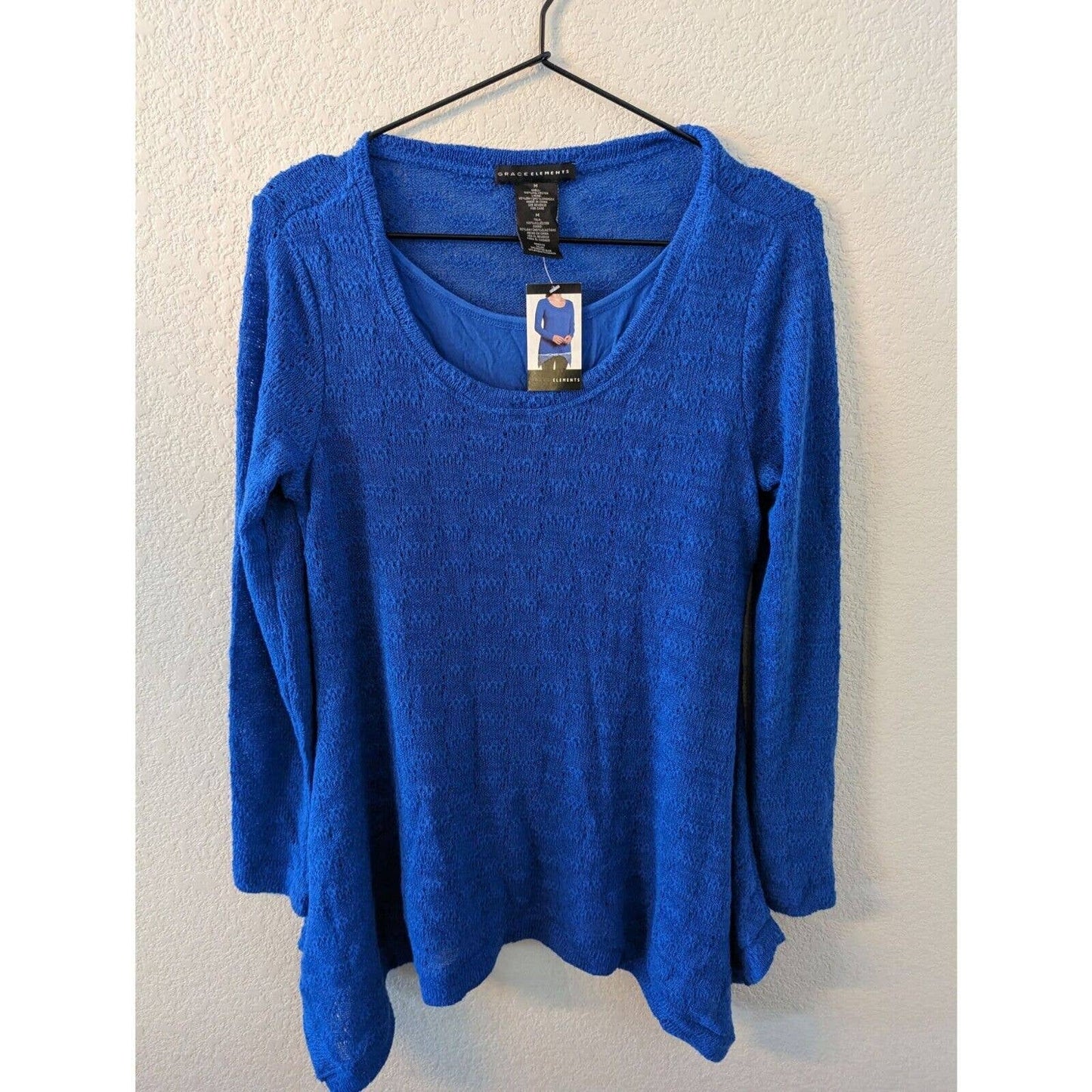 Grace Elements Womens Sz M Long Sleeve Layered Blouse Blue NEW