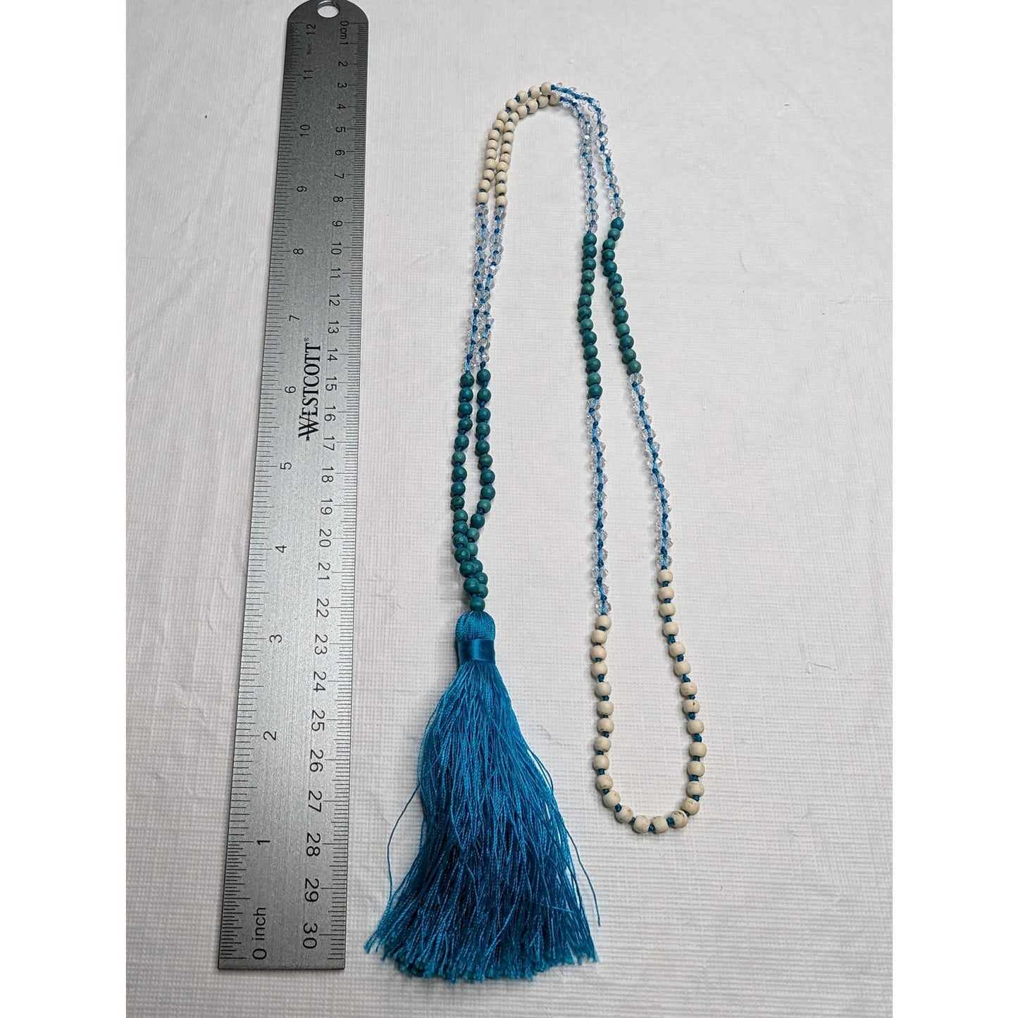 Vintage Turquoise Blue Tassel Single Strand Glass Beaded Boho Necklace