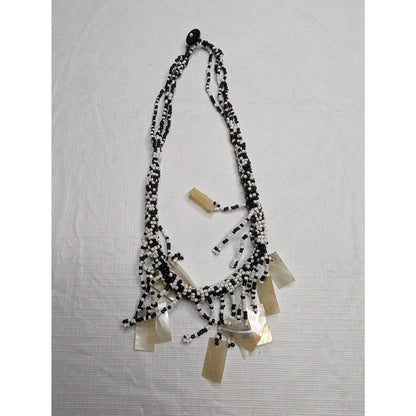 Vintage 1990s Multi Strand Seed Bead Necklace Black White w/ Mother of Pearl