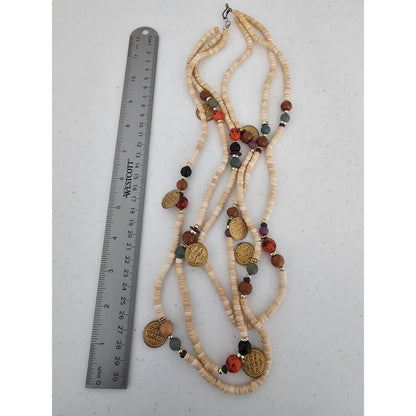 Vintage Mid Century Multi Strand Boho Style Necklace Cream w/ Gold Coin Charms