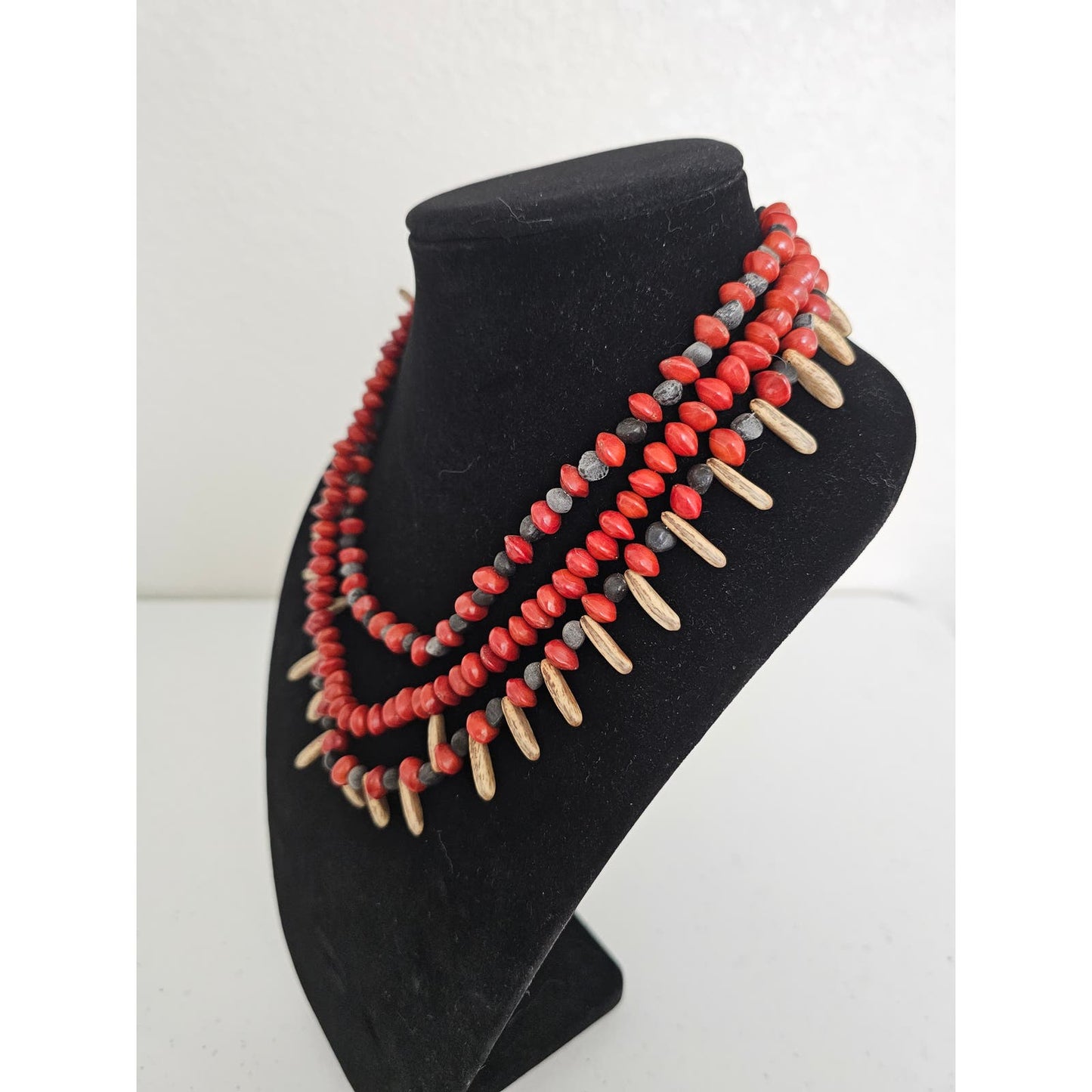 Vintage 1970s 3 Strand Beaded Necklace Red Wooden Beads