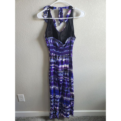 Dressbarn Womens Sz 6 Maxi Length Halter Dress Purple Tie Dye Print Padded Cups