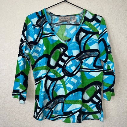 Life Style Womens Sz PM Petite Abstract Blouse Shirt Blue Green Black