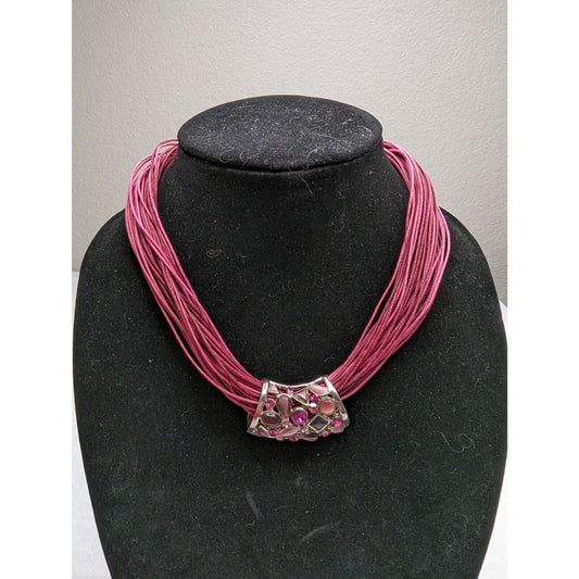 Vintage 1990s Pink Rope Style Statement Necklace Rhinestone Pendant