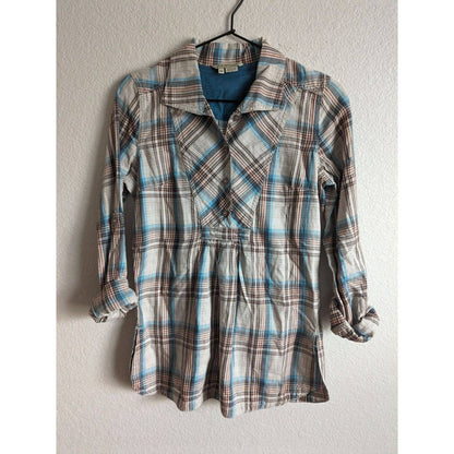 Royal Robbins Womens Sz XS Cotton Plaid Shirt Beige Brown Blue Tab Sleeve