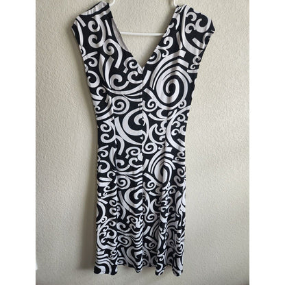 London Style Womens Sz 10 Midi Dress Black White Swirl Print V Neck