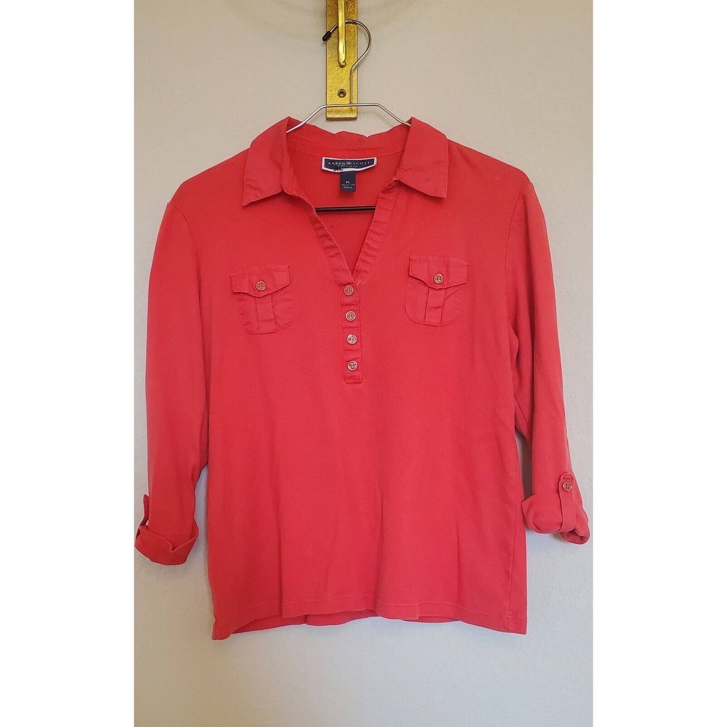 Karen Scott Petites Womens PL Tab Sleeve Collared Shirt Coral Button Up