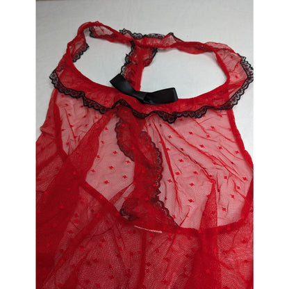 Vintage 1990s Womens Sz M Nightie Set Red Black Mesh Semi Sheer Y2K