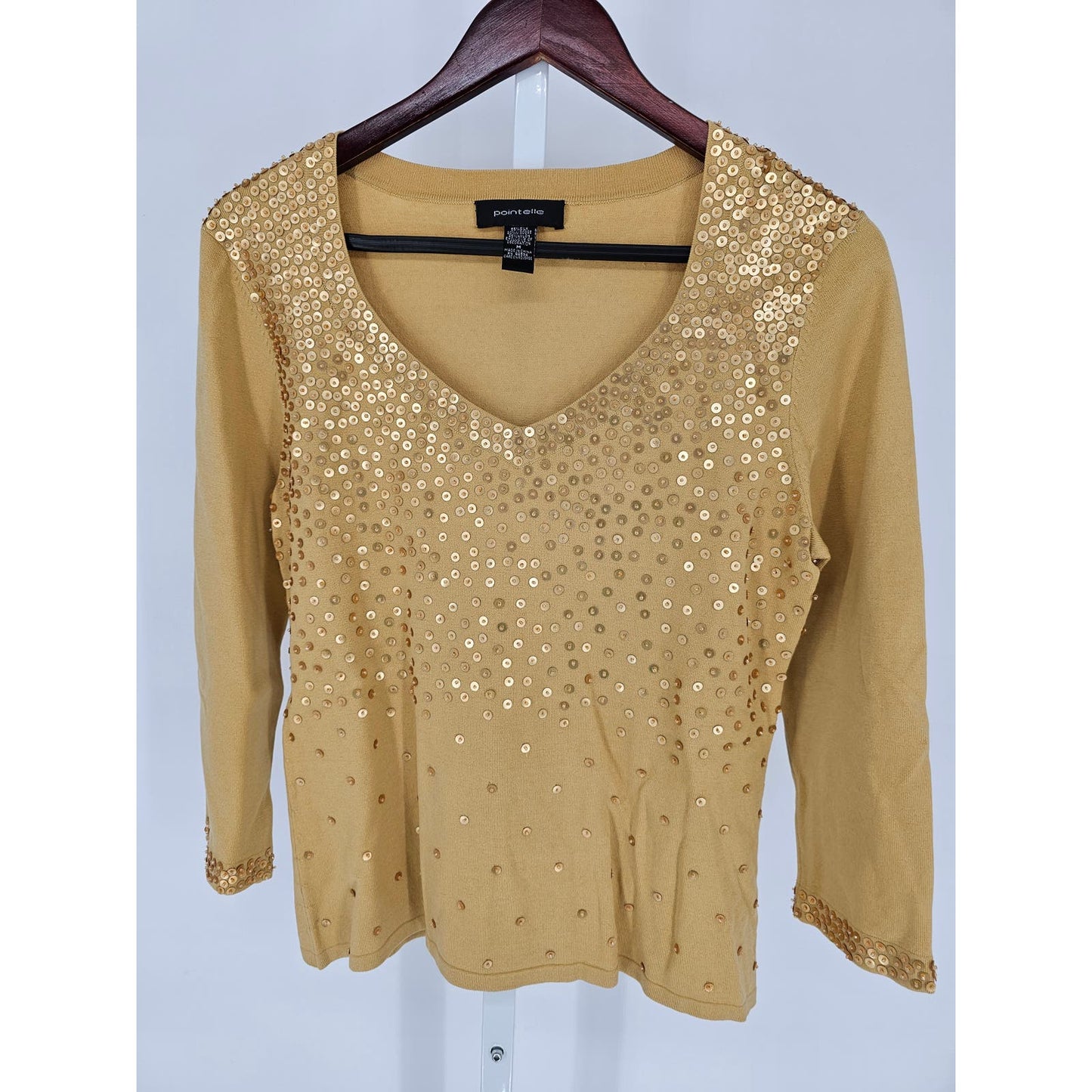 Pointelle Womens Sz M Silk Nlend Long Sleeve Top Gold w/ Sequins