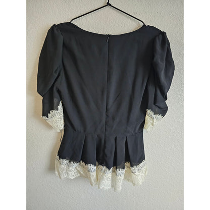 Jealous Tomato Womens Sz S Short sleeve Blouse Black Chiffon Ivory Lace Trim