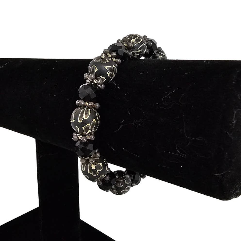 Vintage Y2K Single Strand Round Bead Bracelet Black w/ Flower Print Beads