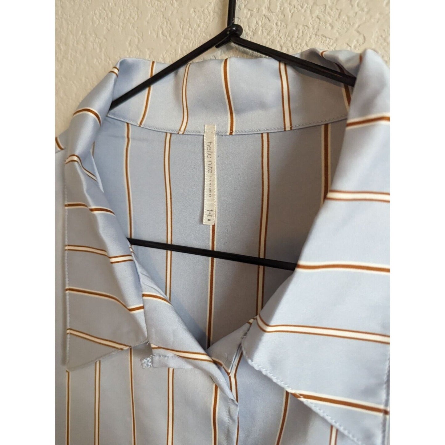 Hello Nite LA Womens Sz M Button Down Blouse Satin Blue Brown Striped