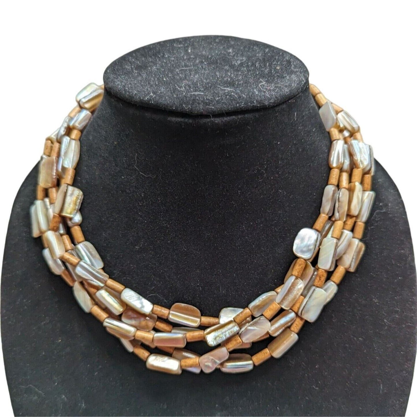 Vintage Multi Layered Beaded Necklace Beige Brown Mother of Pearl