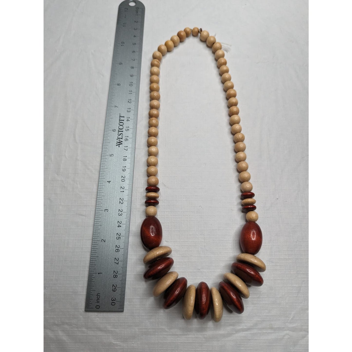 Vintage Mid Century Single Strand Wooden Bead Necklace Cream and Red