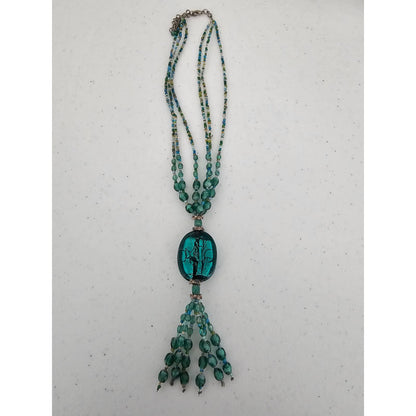 Vintage Mid century Teal Glass Beaded Necklace Southwestern Style Tassel