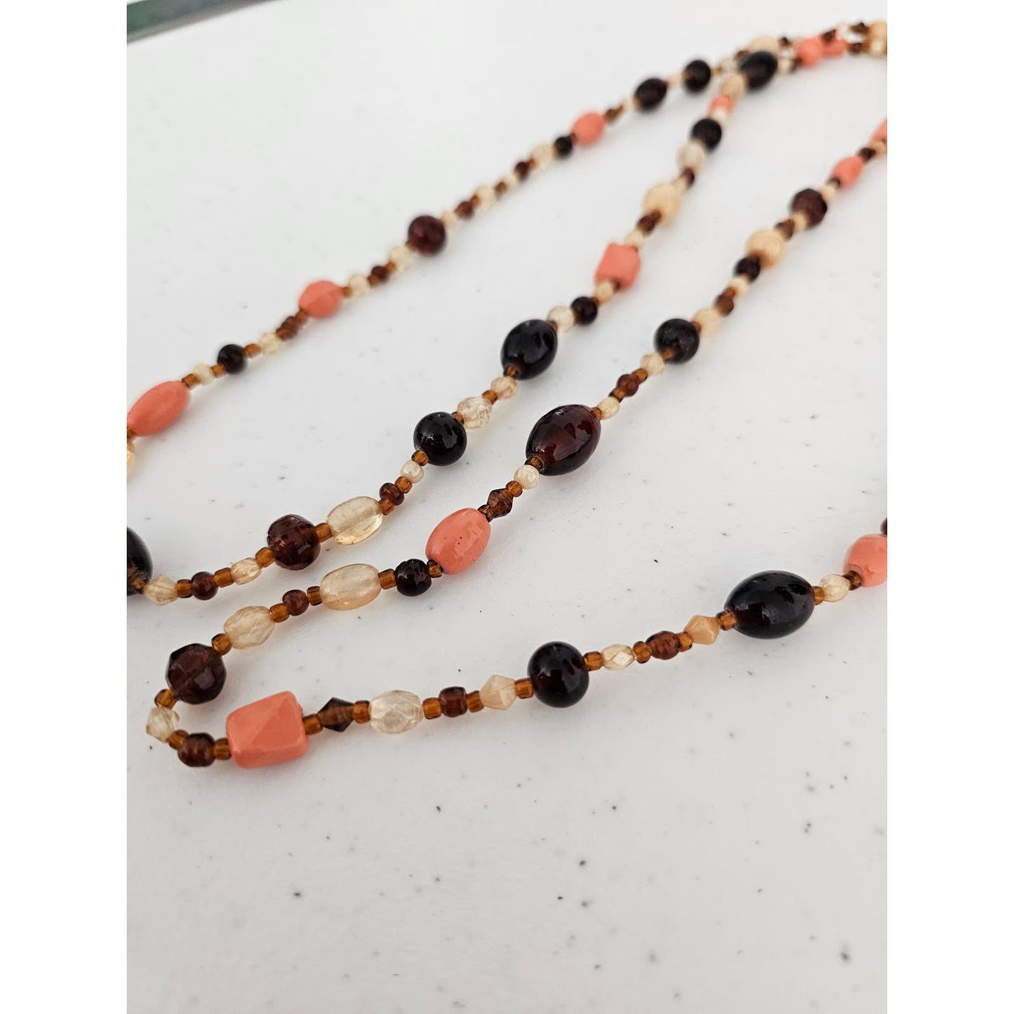 Vintage Mid Century Single Strand Long Beaded Necklace Glass Stone Orange Brown