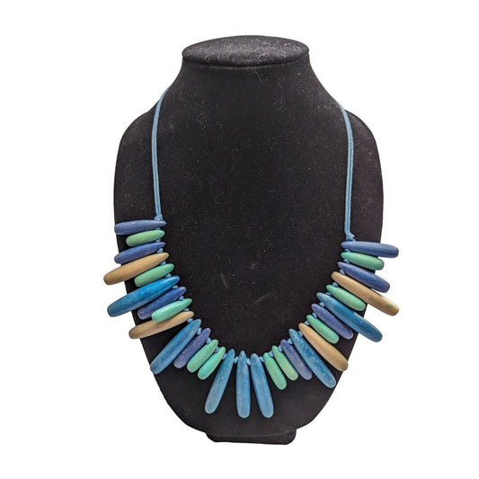 Vintage Boho Wooden Beaded Statement Necklace Pastel Purple Blue