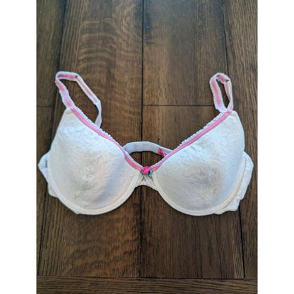 Fruit of the Loom Womens Sz 36C White Lace T Shirt Bra Pink Trim