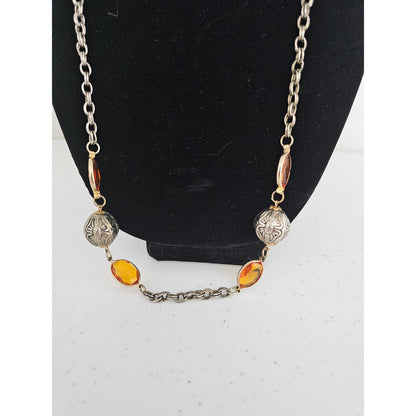 Vintage 1990s Chain Long Necklace Silver Tone and Orange Rhinestone Boho