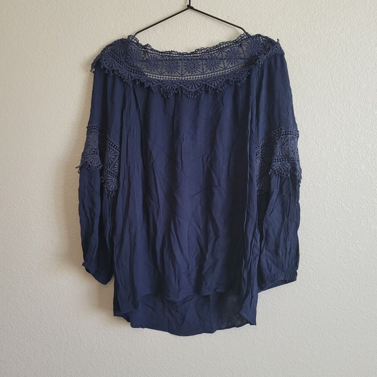 Ella Moon Womens Sz L Dark Blue Boho Crochet Knit Blouse Long Sleeve