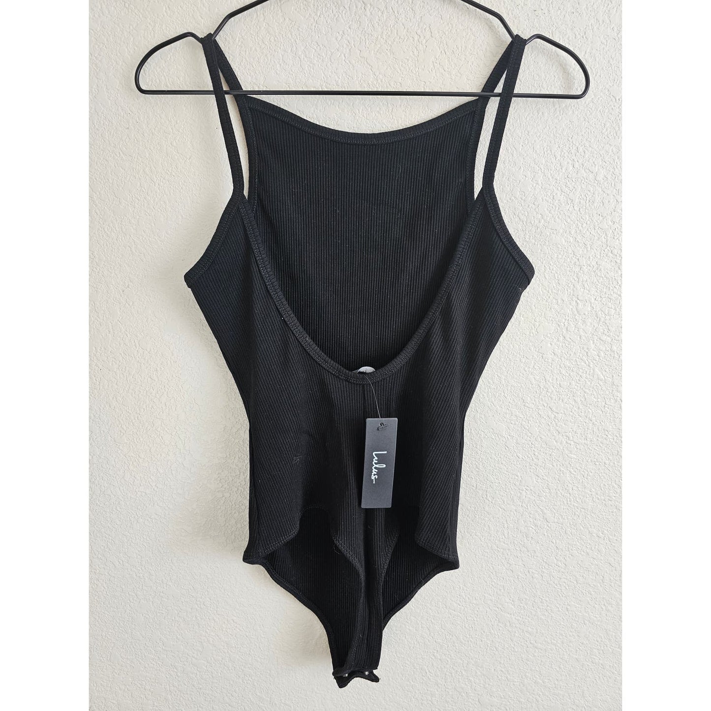 Lulus Womens Sz M Black Ribbed Thong Bodysuit Spaghetti Strap NEW