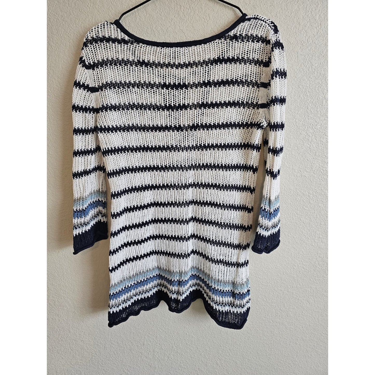 Tommy Bahama Womens Sz M 3/4 Sleeve Open Knit Cotton Linen Blend Top Striped