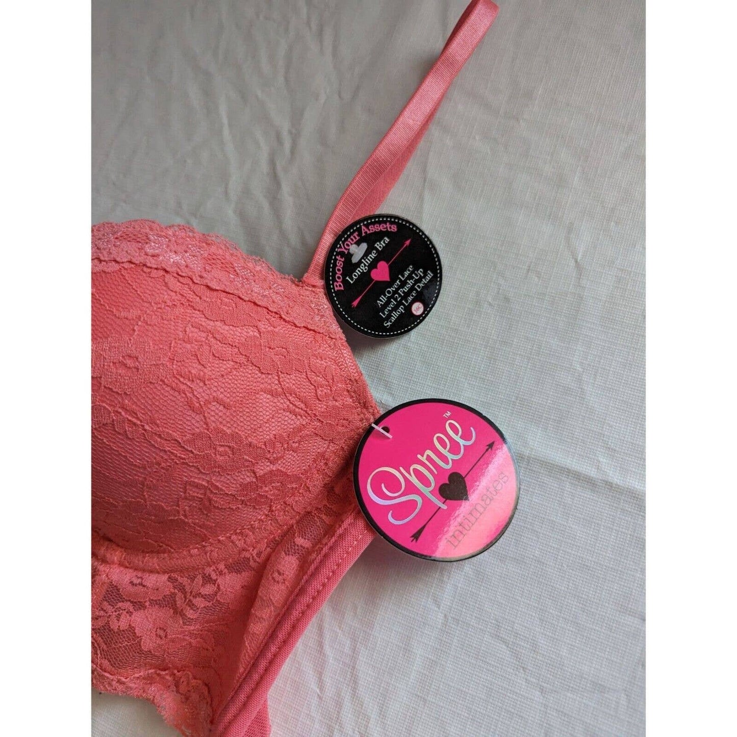 Spree Intimates Womens Sz 36C Longline Push Up Bra Coral Pink Lace NEW