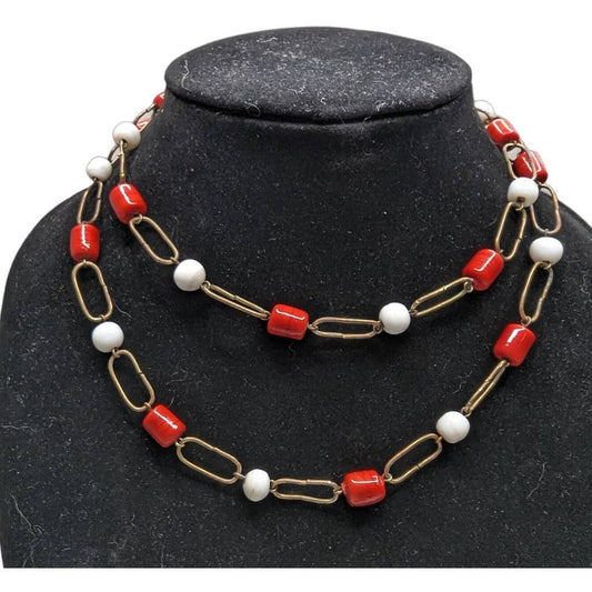 Vintage 1970s Womens Beaded Chain Necklace Red White Gold Mod