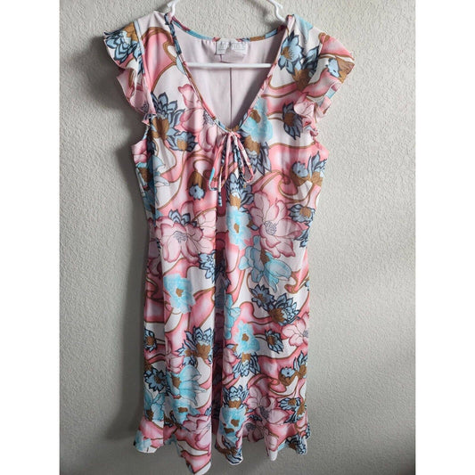 Studio C Womens Sz 8 Knee Length Pastel Floral Dress Pink Blue V Neck