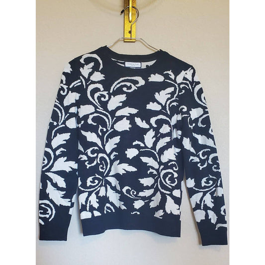 Charter Club Petite Womens PS Cotton Blend Crewneck Sweater Black White Floral