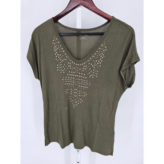 Apt 9 Womens PM Petite Short Sleeve T Shirt Studded Olive Green and Gold