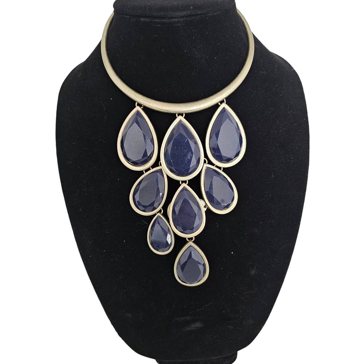 Vintage Blue and Gold Teardrop Stone Statement Necklace Collar Style Estate