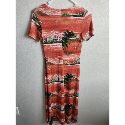 Diamonds USA Sz M Vintage Tropical Short Sleeve Shirt Dress Orange Ocean Theme