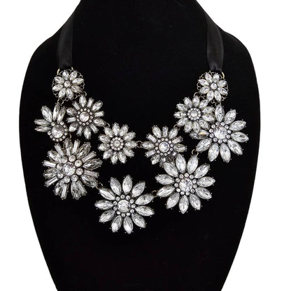 Vintage Y2K Statement Piece Bold Necklace Floral Rhinestones White Black