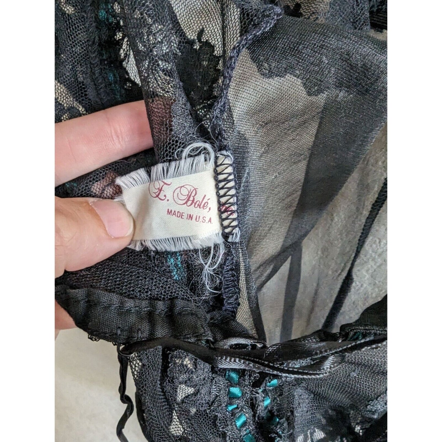 Vintage E Bole Womens Sz M Black Lace Thong Teddy Nightie Green Ribbon