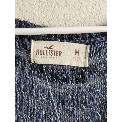 Hollister Womens Sz M V Neck Open Knit Sweater Dark Blue Metallic Weave