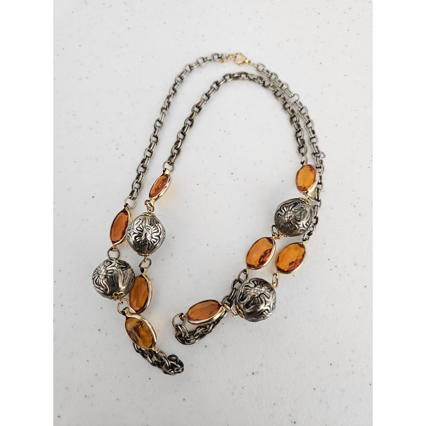 Vintage 1990s Chain Long Necklace Silver Tone and Orange Rhinestone Boho