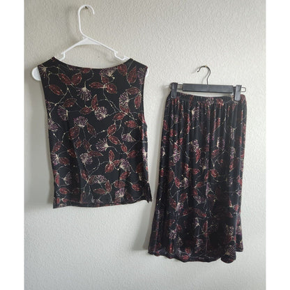 Hearts of Palm Womens Sz M Blouse and Skirt Set Black Pink Floral Slinky
