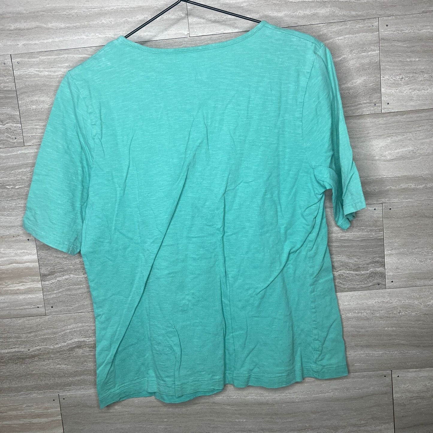 Talbots Womens Sz M 100% Cotton V Neck Short Sleeve T Shirt Blue Teal Beaded