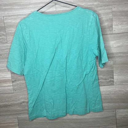 Talbots Womens Sz M 100% Cotton V Neck Short Sleeve T Shirt Blue Teal Beaded