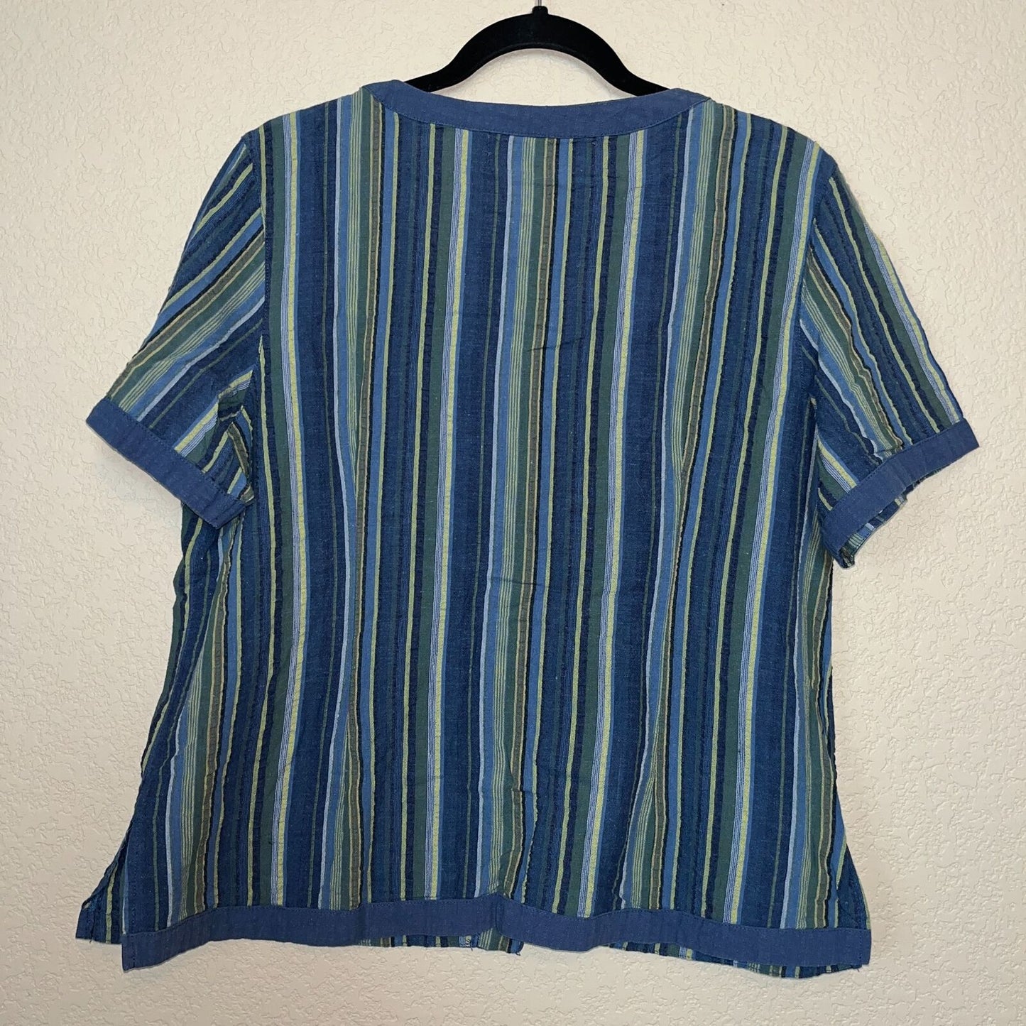 KYH Fashion Womens Sz M Cotton Blend Short Sleeve Striped Lagenlook Blouse