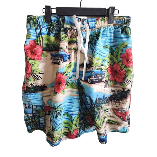 Big Dogs Mens Sz L Swim Trunks Swimsuit Hawaiian Muscle Car Print