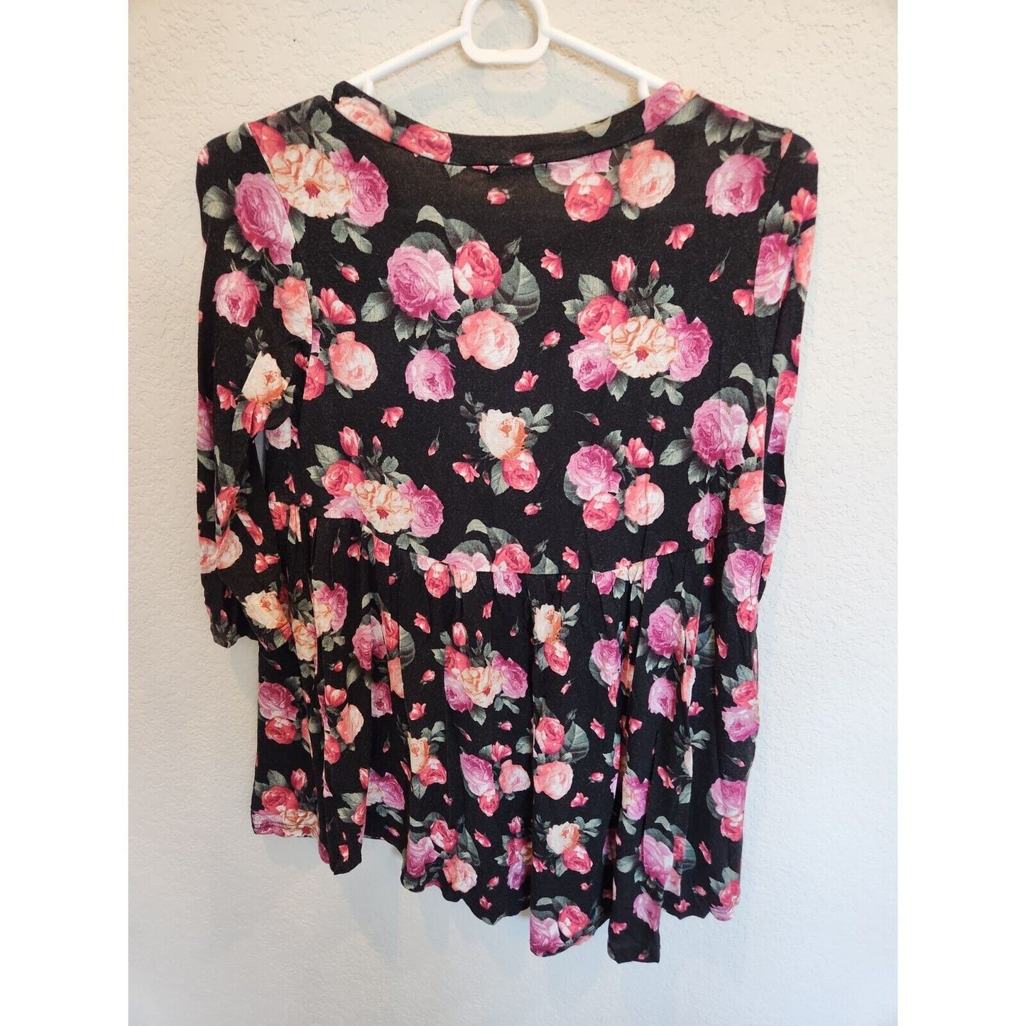 E Lina Womens Sz S 3/4 Sleeve Peplum Blouse Black Pink Floral