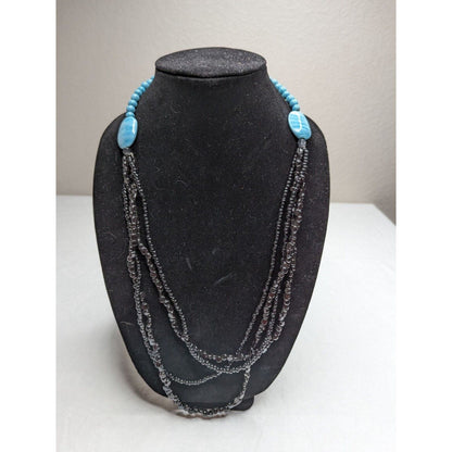 Vintage Turquoise and Black Beaded Stone Long Layered Necklace Southwestern